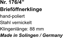Nr. 176/4” Brieföffnerklinge hand-poliert Stahl vernickelt Klingenlänge: 88 mm Made in Solingen / Germany