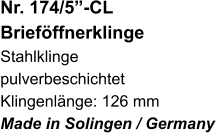 Nr. 174/5”-CL  Brieföffnerklinge Stahlklinge pulverbeschichtet Klingenlänge: 126 mm Made in Solingen / Germany
